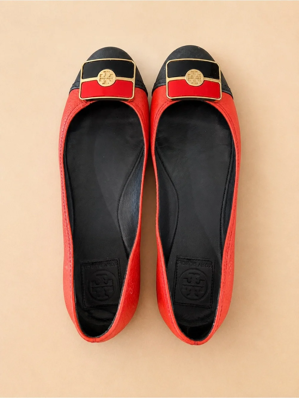 TORY BURCH Red Black Leather Ballet Flats Logo Designer Shoes size 8 1/2
